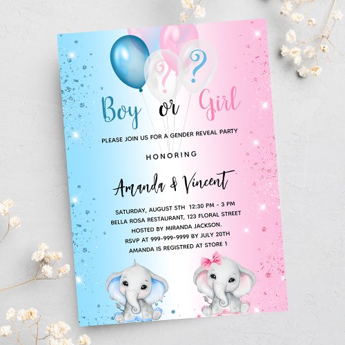 Gender reveal blue pink boy girl elephants luxury invitation