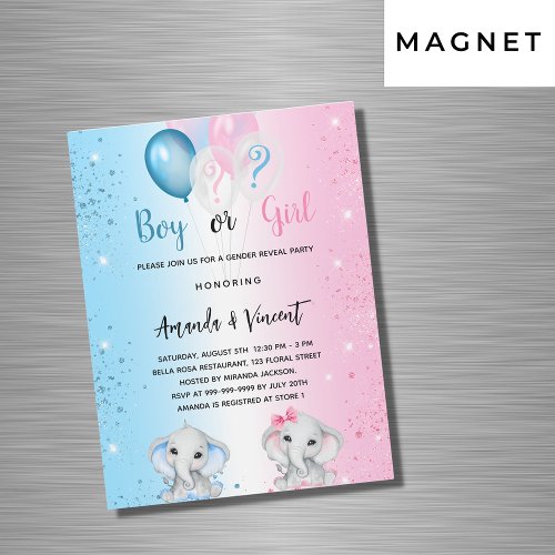 Gender reveal blue pink boy girl elephants luxury magnetic invitation