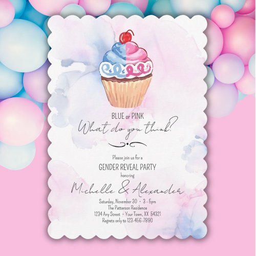 Gender Reveal Blue Pink Cupcake Watercolor Party Invitation