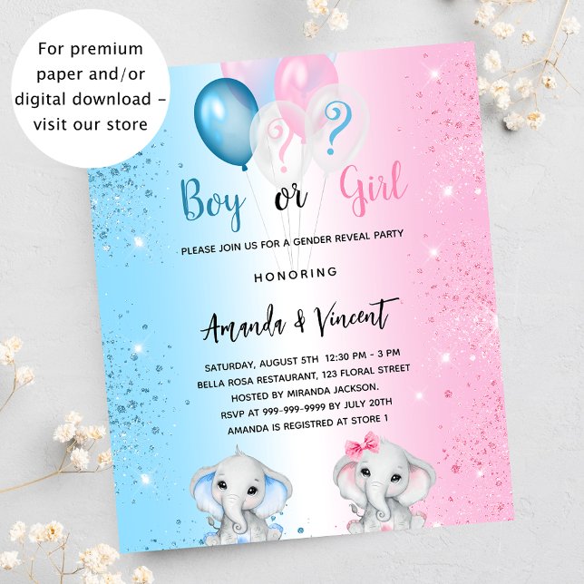 Gender reveal blue pink elephant budget invitation flyer (Creator Uploaded)