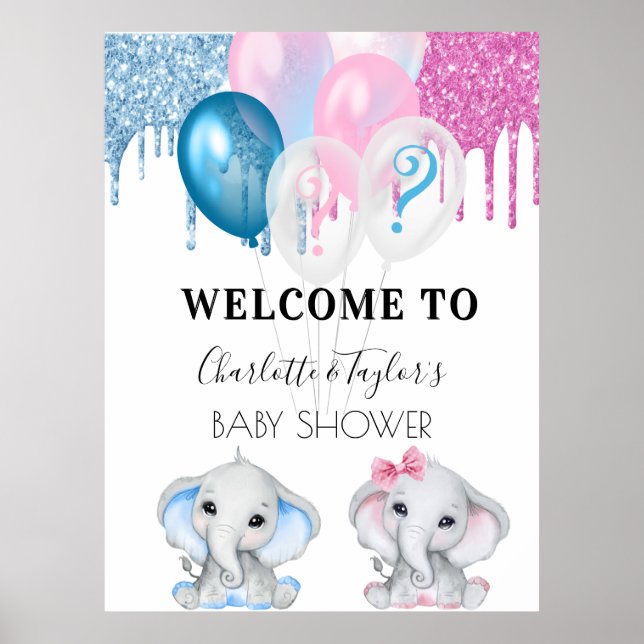 Gender reveal blue pink glitter elephants welcome poster (Front)