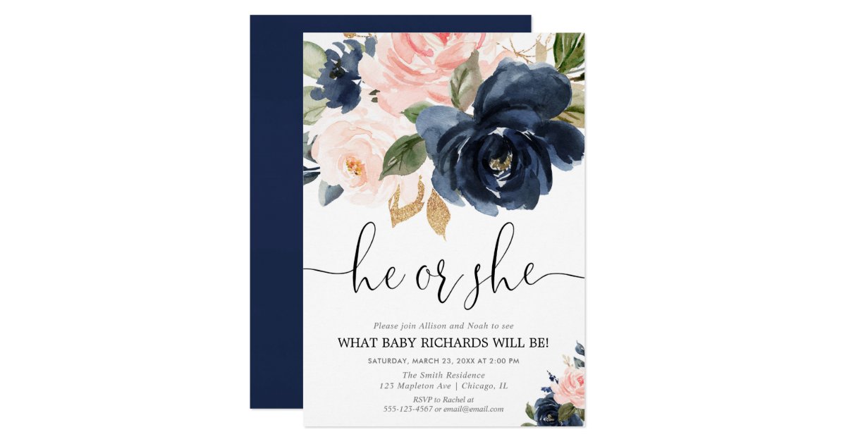 Gender reveal blush pink navy blue floral elegant invitation | Zazzle.com