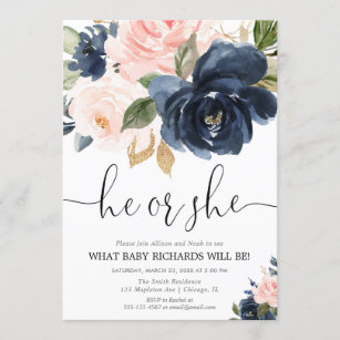 Reveal Party Invitation Gender Reveal Invite Boy Or Girl Gold Pink Or Blue Blush Pink and Navy Floral Hot Air Balloon He Or She