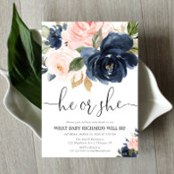 Gender reveal blush pink navy blue floral elegant invitation