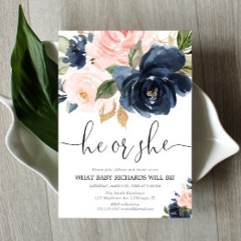 Gender reveal blush pink navy blue floral elegant invitation