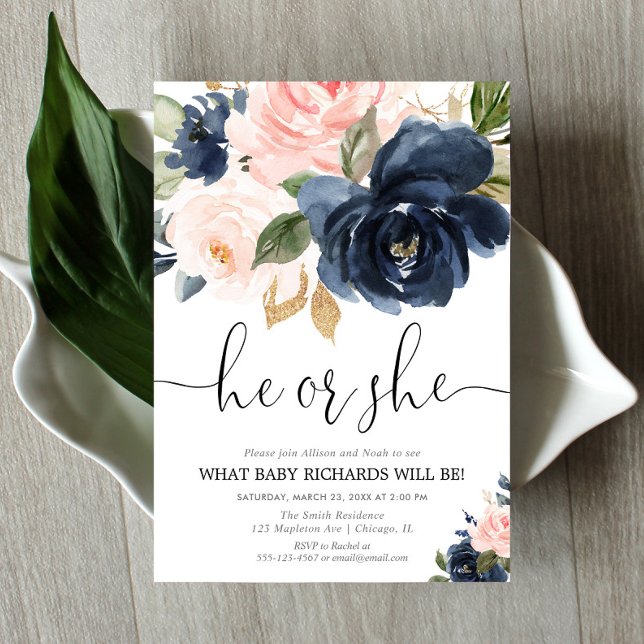 Gender reveal blush pink navy blue floral elegant invitation (Creator Uploaded)
