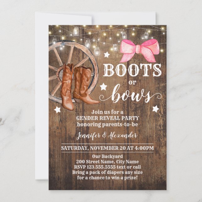 Gender Reveal Boots or Bows Invitation (Front)