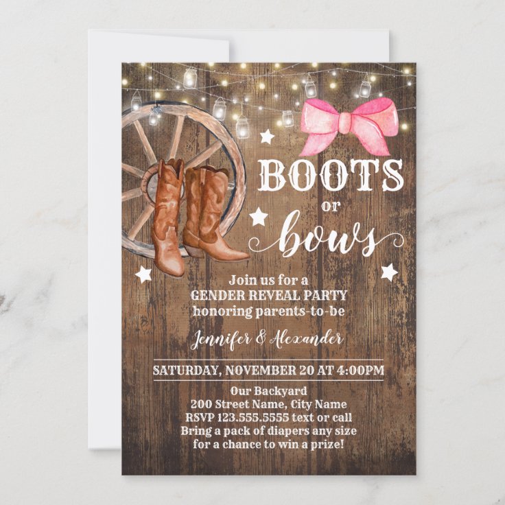Gender Reveal Boots or Bows Invitation Zazzle