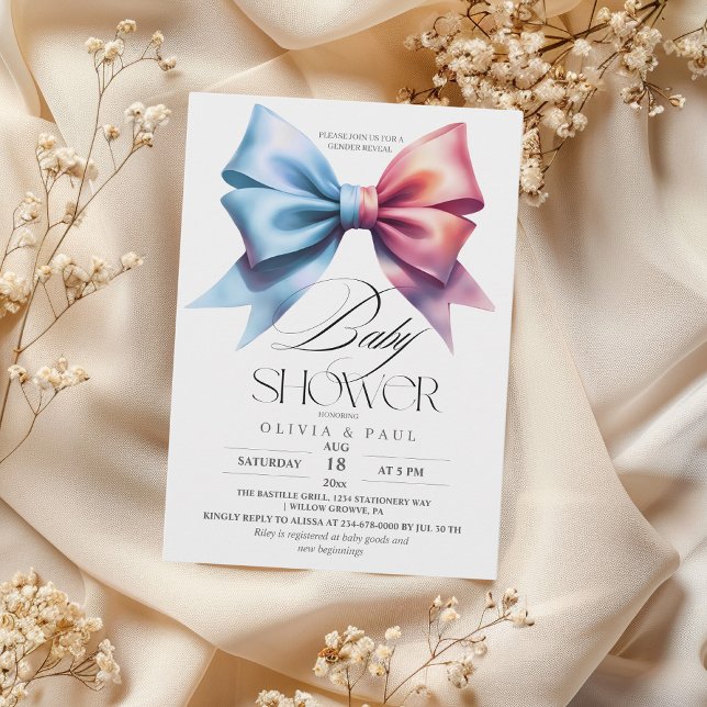 Gender Reveal Bow Pink and blue Baby Boy Girl  Invitation (Creator Uploaded)