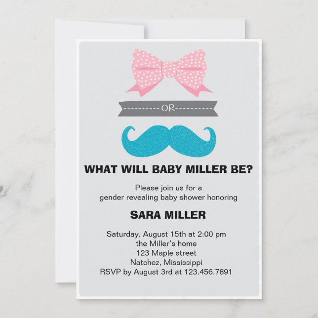 Gender reveal Bows or Staches Baby Shower Invitation (Front)