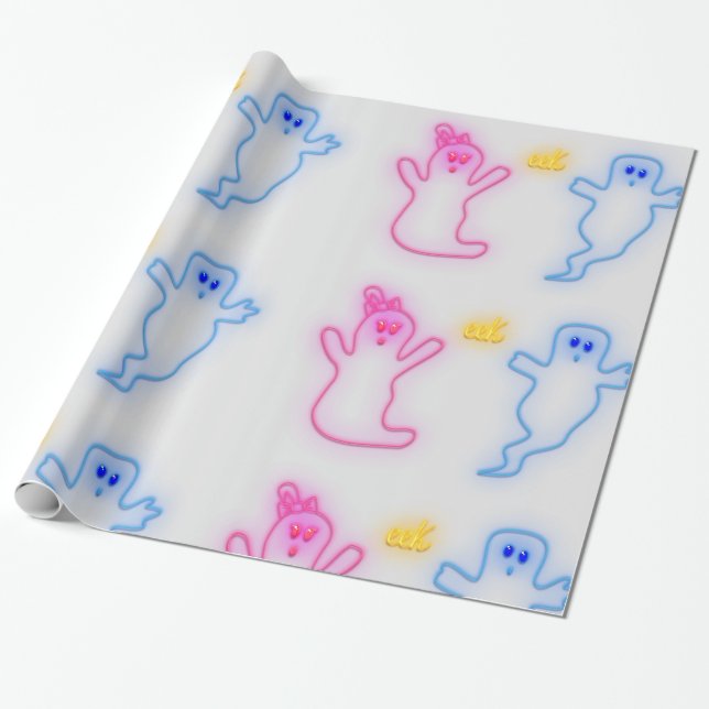 Gender Reveal Boy Girl Pink Blue Gray Cute Ghost Wrapping Paper (Unrolled)