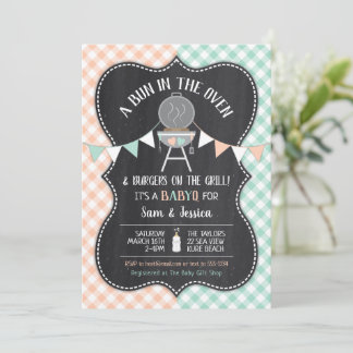 Gender Reveal Bun in Oven Baby Shower Sage Peach Invitation