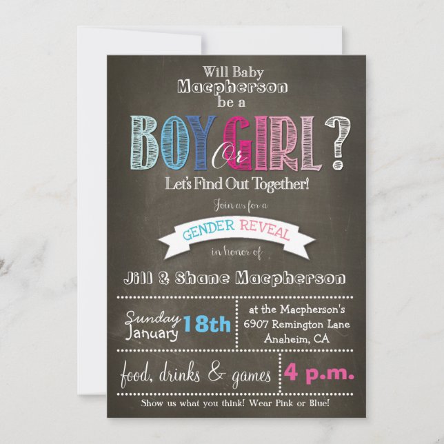Gender Reveal Chalkboard Invitation 5 x 7 (Front)