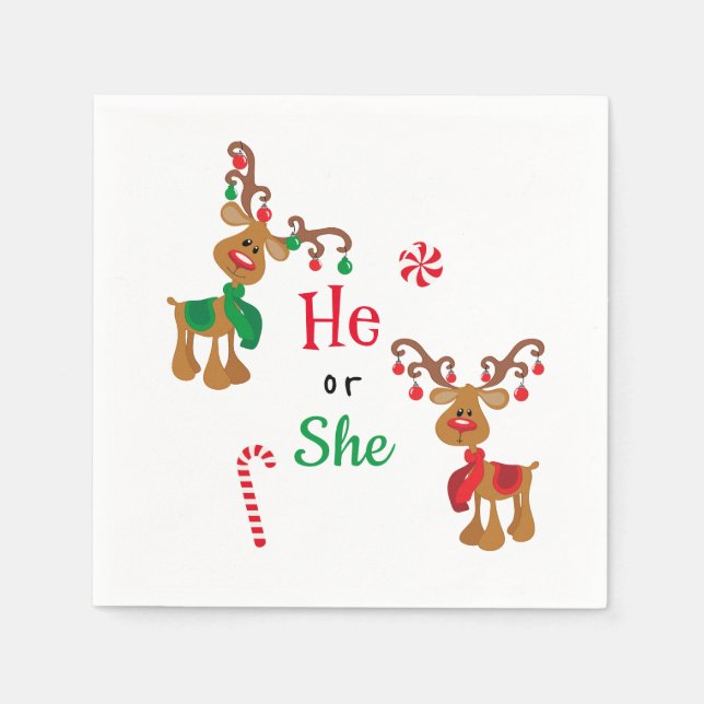Gender Reveal Christmas Reindeer Holiday green Red Napkins (Front)