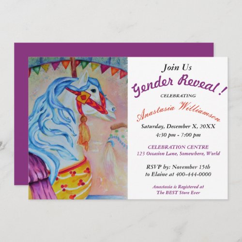 GENDER REVEAL COLORFUL CAROUSEL HORSE PARTY INVITE