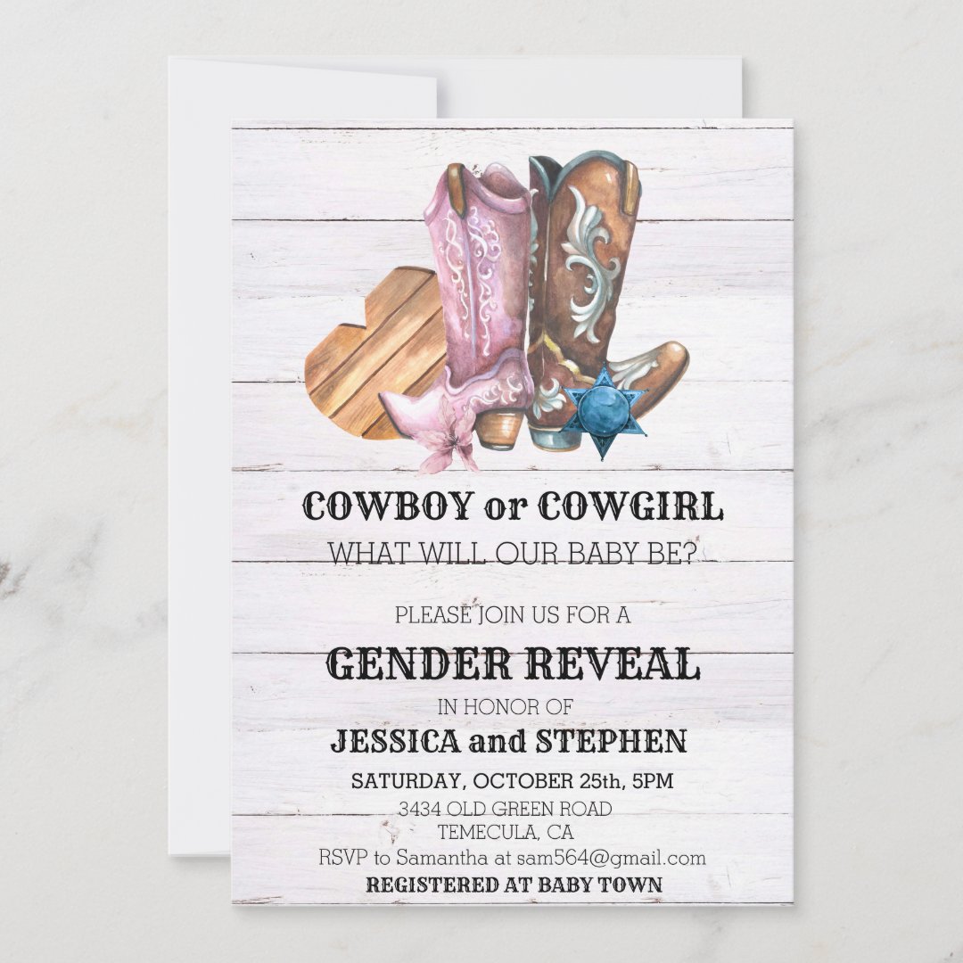Gender Reveal Cowboy or Cowgirl Boots Invitation Zazzle