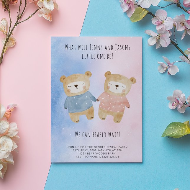 Gender Reveal cute teddy Bears starry pink blue Invitation (Cute sleepy bears in pink and blue gender reveal invitation card. The card says "we can bearly wait.)