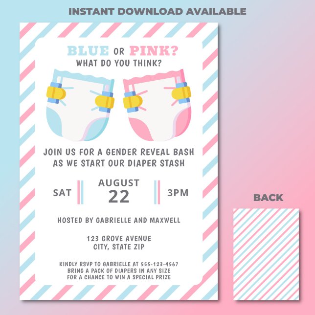 Gender Reveal Diaper Stash Party Blue Or Pink Invitation (Gender reveal diaper stash party invitation)