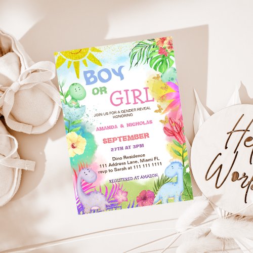 Gender Reveal Dino Floral Glitter Invitation