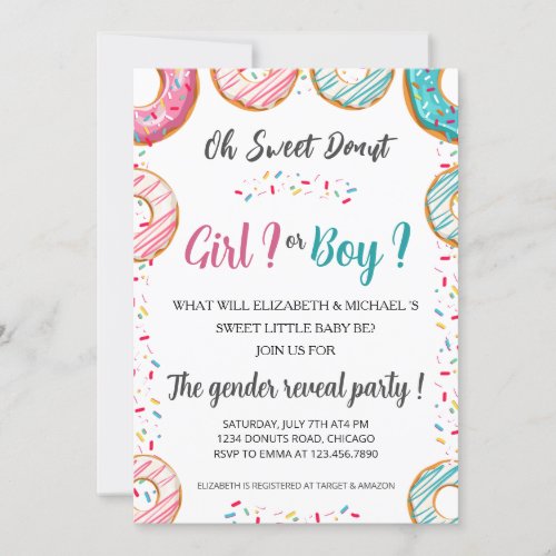 Gender Reveal Donut Theme Baby Shower Party Invitation