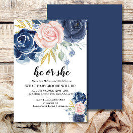 Gender reveal elegant floral navy blue blush pink invitation