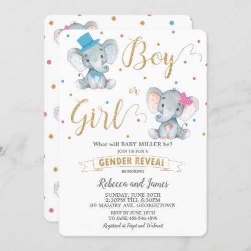 Gender Reveal Elephant Baby Boy or Baby Girl Gold Invitation