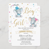 Gender Reveal Elephant Baby Boy or Baby Girl Gold Invitation