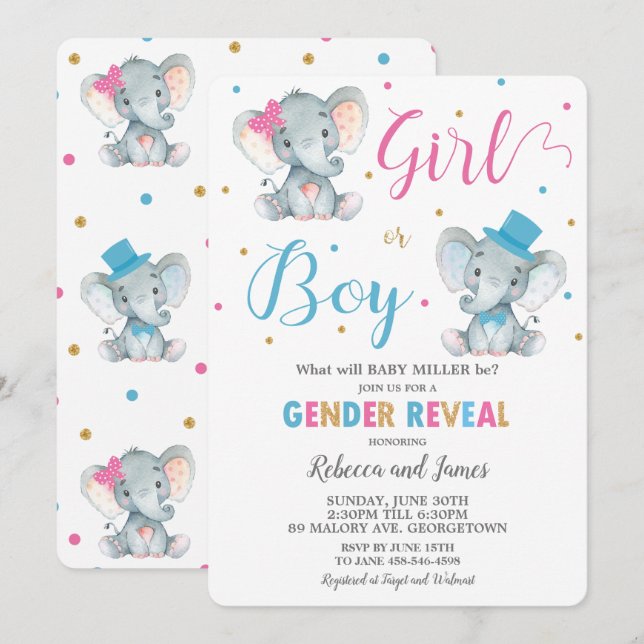 Gender Reveal Elephant Baby Boy or Baby Girl Invitation (Front/Back)