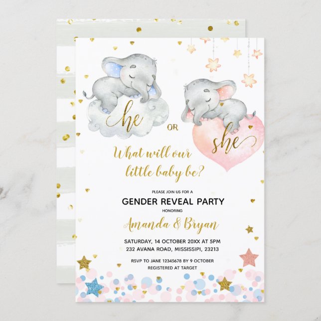 Gender Reveal Elephant Baby Shower Invitation (Front/Back)