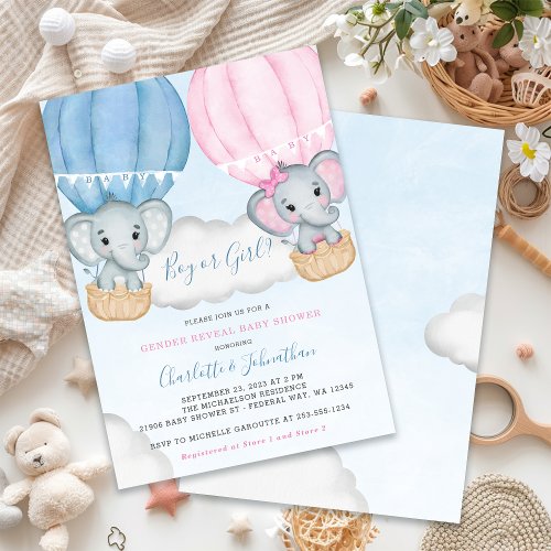 Gender Reveal Elephant Balloon Baby Shower Invitation