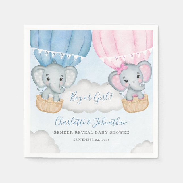 Gender Reveal Elephant Balloon Baby Shower Napkins (Front)