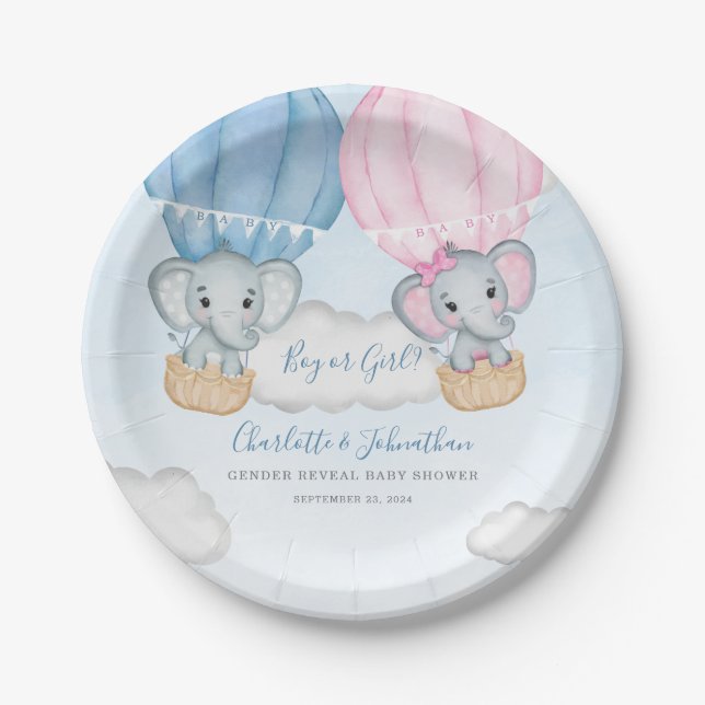 Gender Reveal Elephant Balloon Baby Shower Paper Plates (Front)