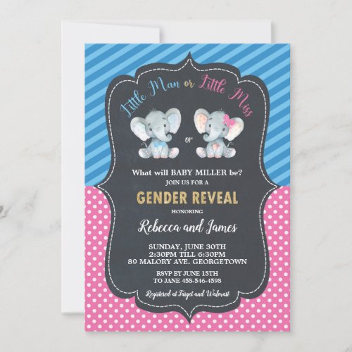 Gender Reveal Elephant Little Man or Little Miss Invitation