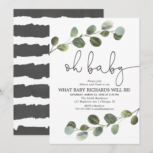 Gender reveal eucalyptus black white simple invitation (Front/Back)