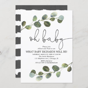 Gender reveal eucalyptus black white simple invitation