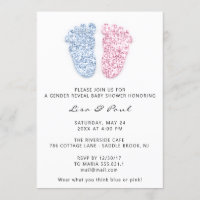 Gender Reveal Feet Glitter Pink Blue Baby Boy Girl Invitation