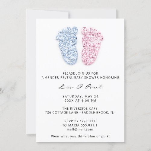 Gender Reveal Feet Glitter Pink Blue Baby Boy Girl Invitation