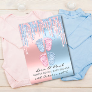 Gender Reveal Feet Glitter Pink Blue Baby Twins Invitation