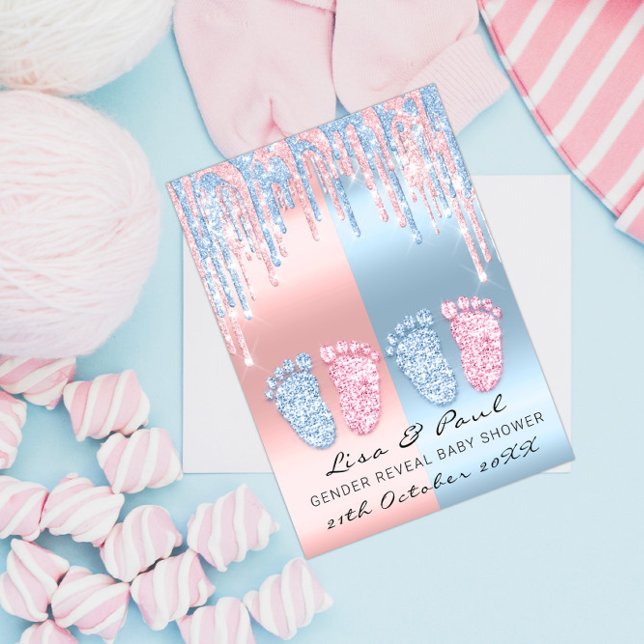Gender Reveal Feet Glitter Pink Blue Baby Twnins Invitation (Gender Reveal Feet Glitter Pink Blue Baby Twnins Invitation)