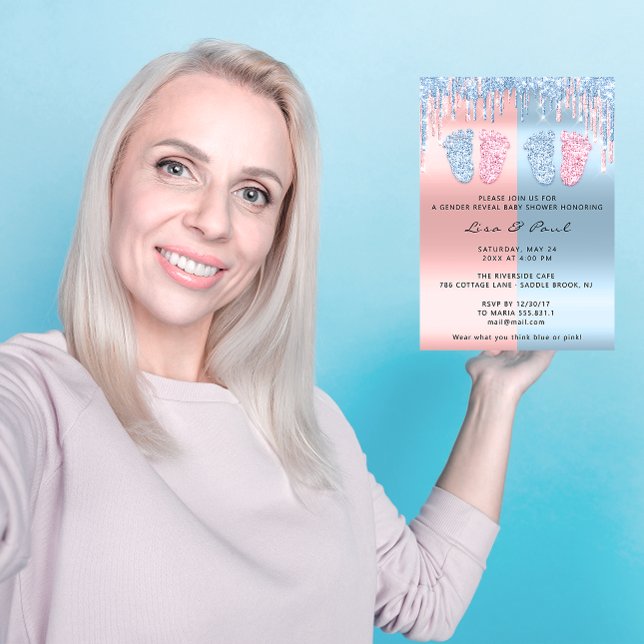 Gender Reveal Feet Pastel Pink Blue Baby Twins Invitation (Gender Reveal Feet Pastel Pink Blue Baby Twins Invitation)