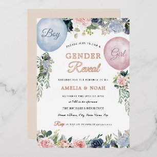 Gender Reveal Foil Floral Balloon Pink Blue  Invitation