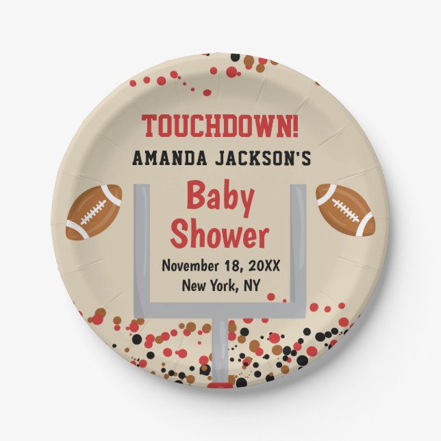 Gender Reveal Football Baby Boy Shower Touchdown Paper Plates (Front)