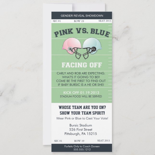Gender Reveal Football Ticket Baby Shower Invitati Invitation (Front)