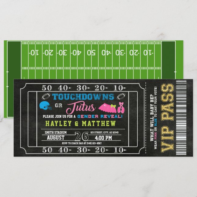 Gender Reveal Football Ticket Touchdown or Tutus Invitation (Front/Back)