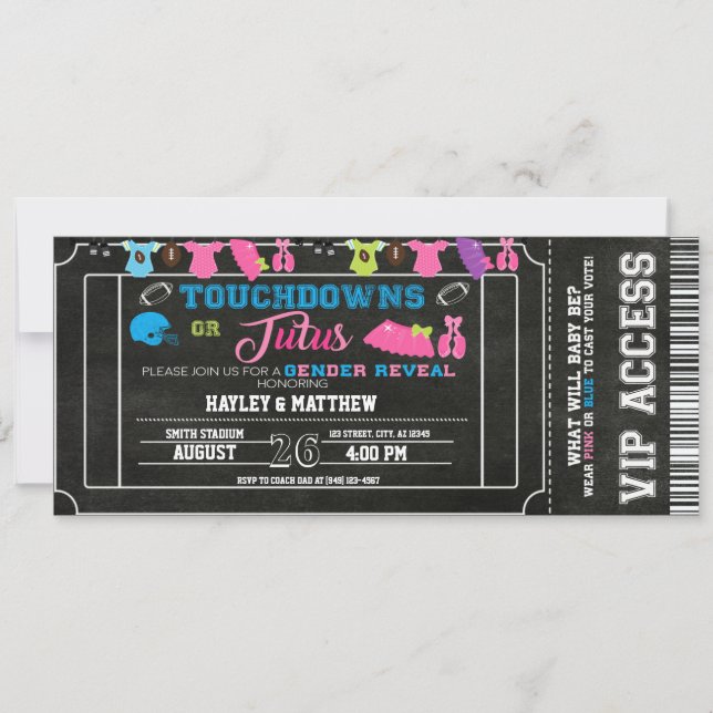 Gender Reveal Football Ticket Touchdown or Tutus Invitation (Front)