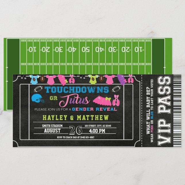 Gender Reveal Football Ticket Touchdown or Tutus Invitation (Front/Back)
