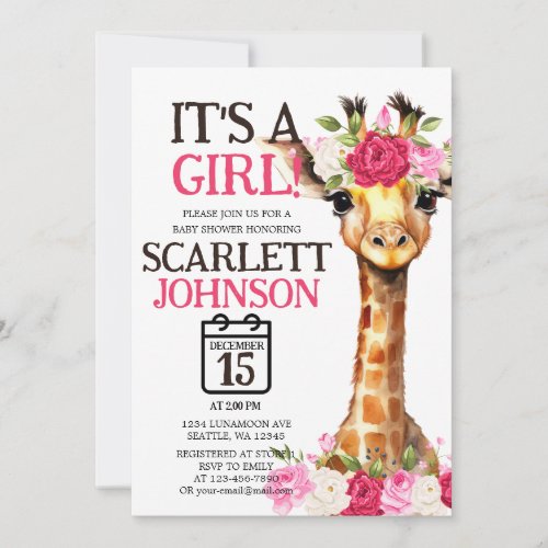 Gender Reveal for Baby Girl Giraffe Baby Shower Invitation