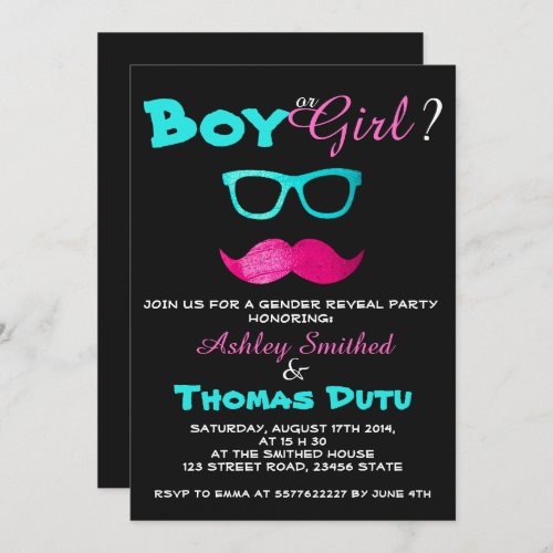 Gender Reveal Funny Pink Mustache Teal Glasses Invitation
