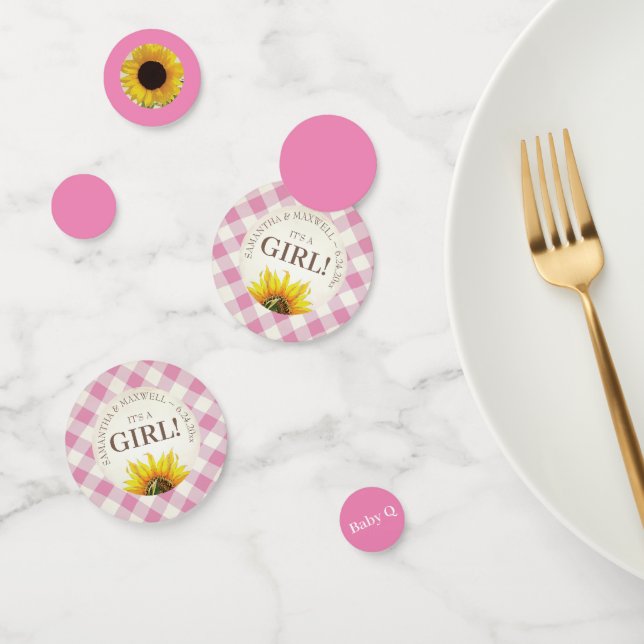 Gender Reveal Gingham and Sunflower Baby Q Confetti (Group)