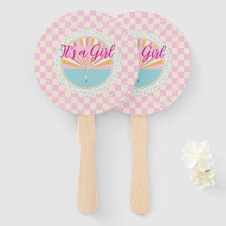 Gender Reveal Girl, Pink Plaid Checkered Hand Fan
